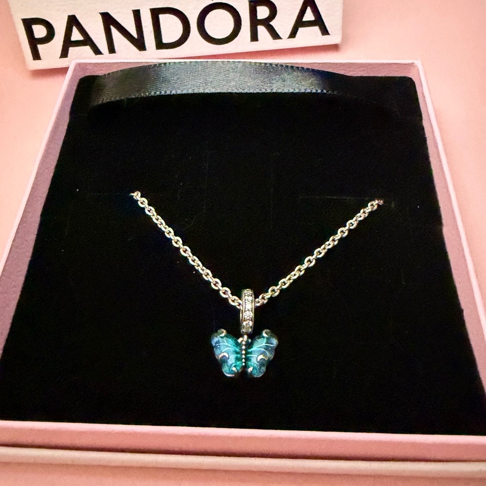 Pandora Silver Necklace with Blue Butterfly Pendant